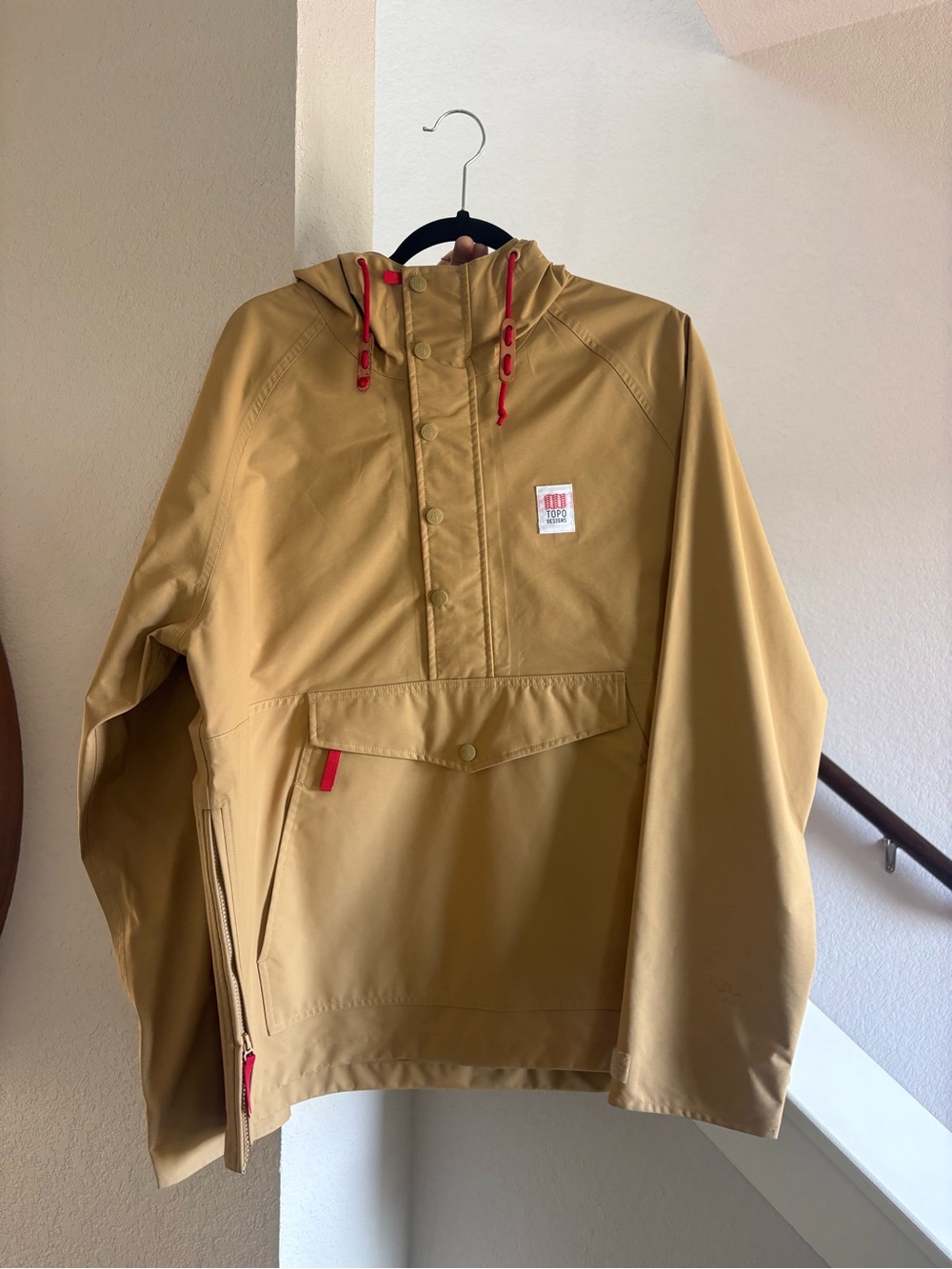 Topo Designs Tan Zip-Up Pullover Sweater with Red Accents